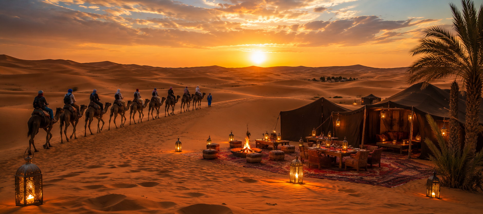 Sahara desert camp and camel caravan near Merzouga